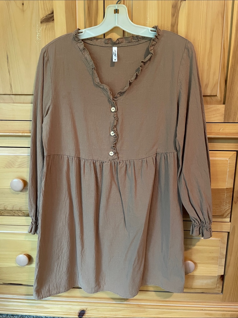 ePretty Brown Ruffled V‑Neck Button Front Tunic